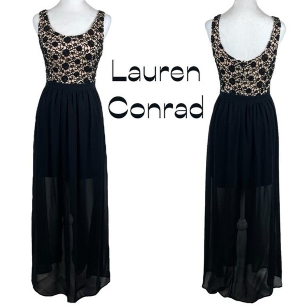 LC Lauren Conrad Black Crocheted Sheer Skirt Party Event Maxi Dress NWT